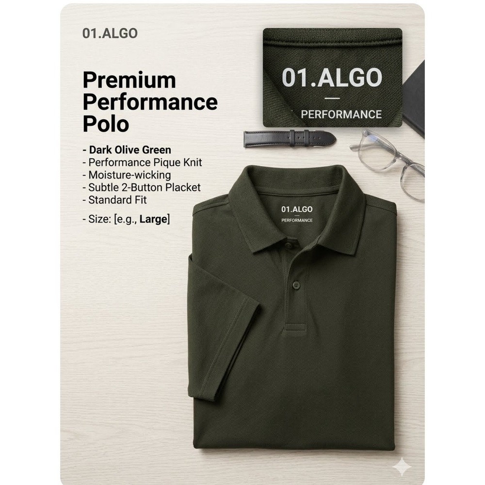01.ALGO Mens Premium Performance Polo Shirt Dark Olive Green Recycled Large